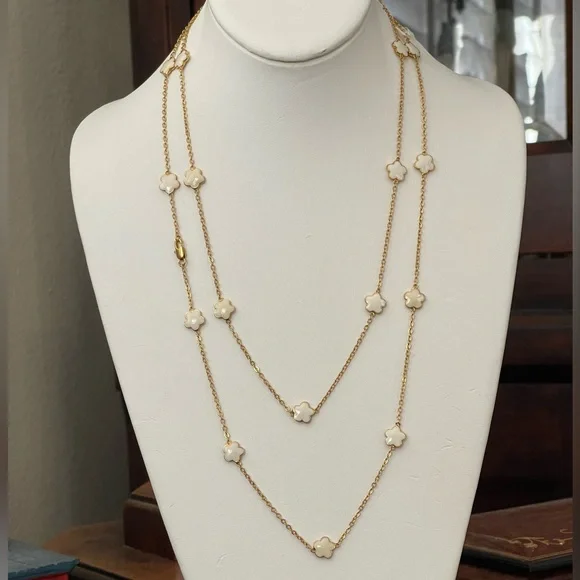 Cream enamel flower gold tone 48 inch long necklace - Picture 2 of 8